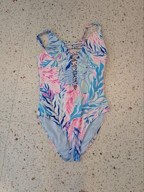 Lilly Pulitzer Coral Reef Lace-Up One-Piece in Pink & Blue